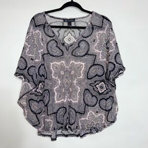 Inc International Concepts pink and black sheer paisley blouse, size large